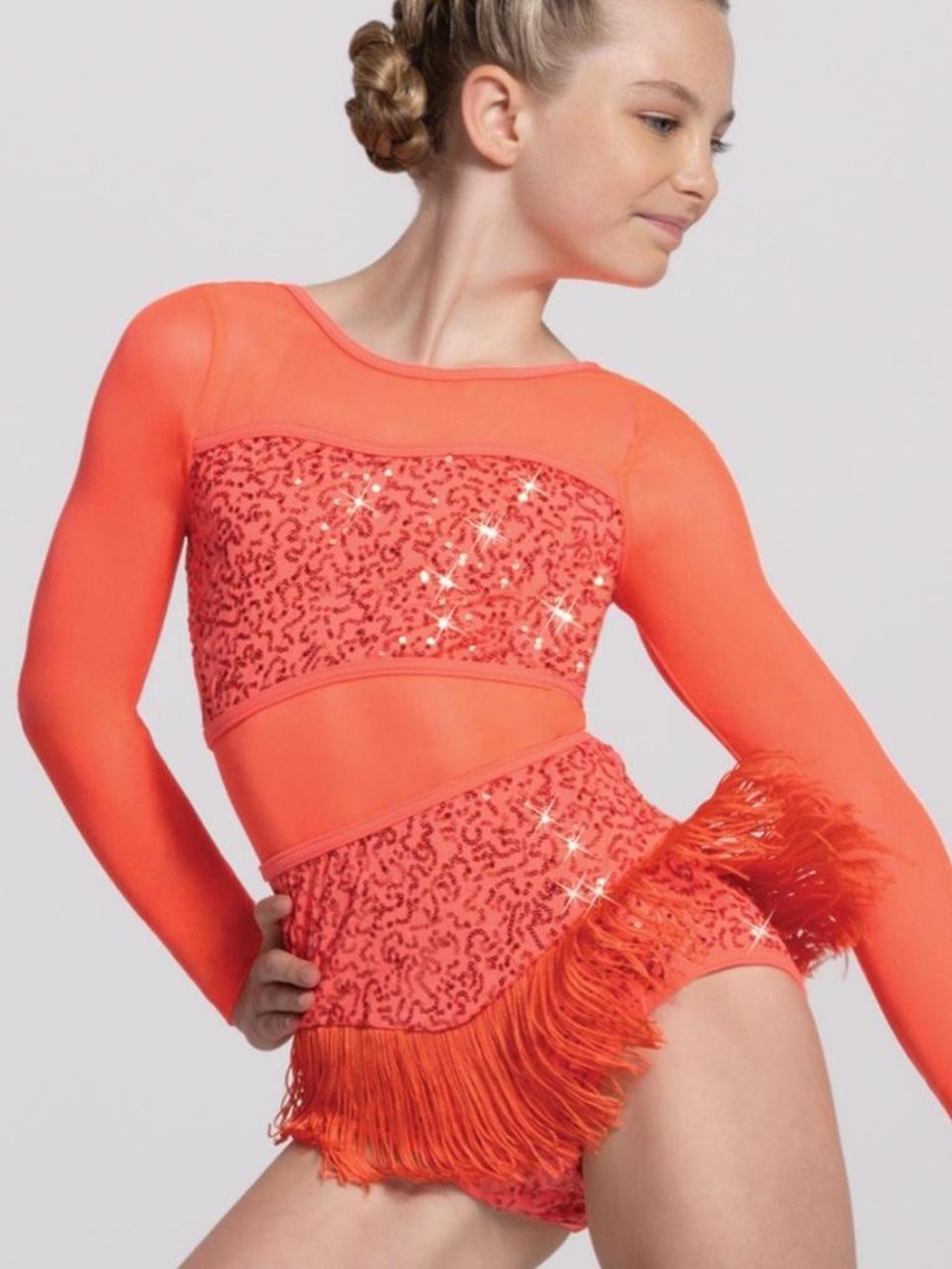 Weissman's Coral Long Sleeve Dance Costum with Sequin Accents, size adult small